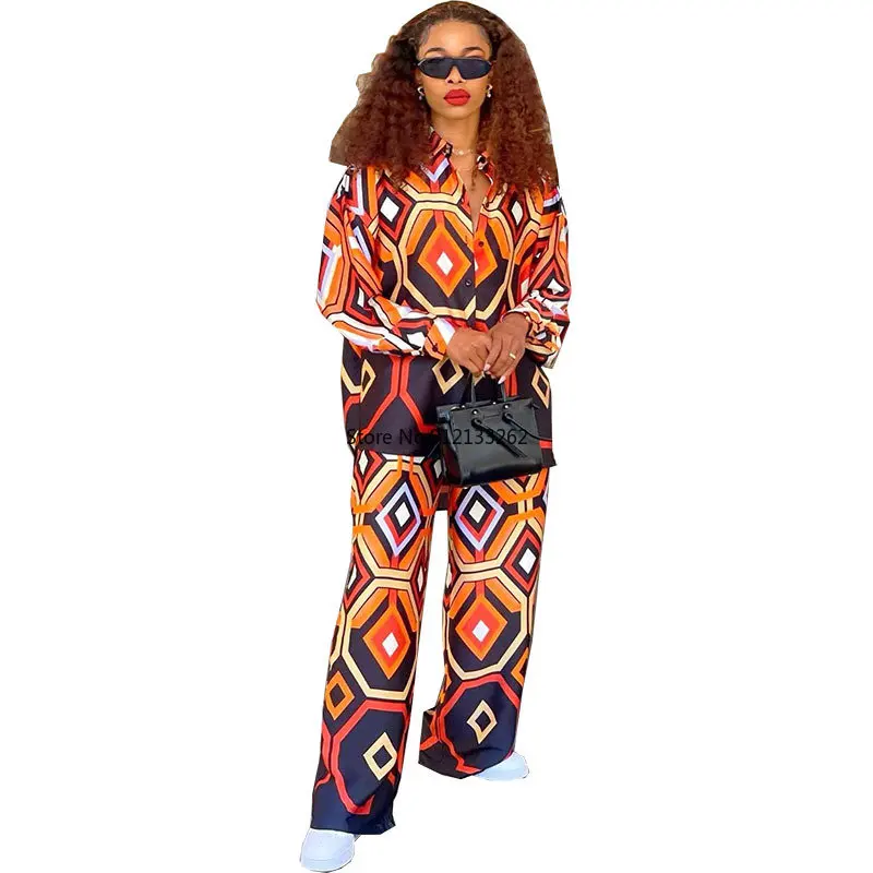 

2 Two Piece Set Dashiki African Long Sleeve Blouse Tops And Pant Suits Spring Autumn Women Set Sheath Matching Fashion Outfit