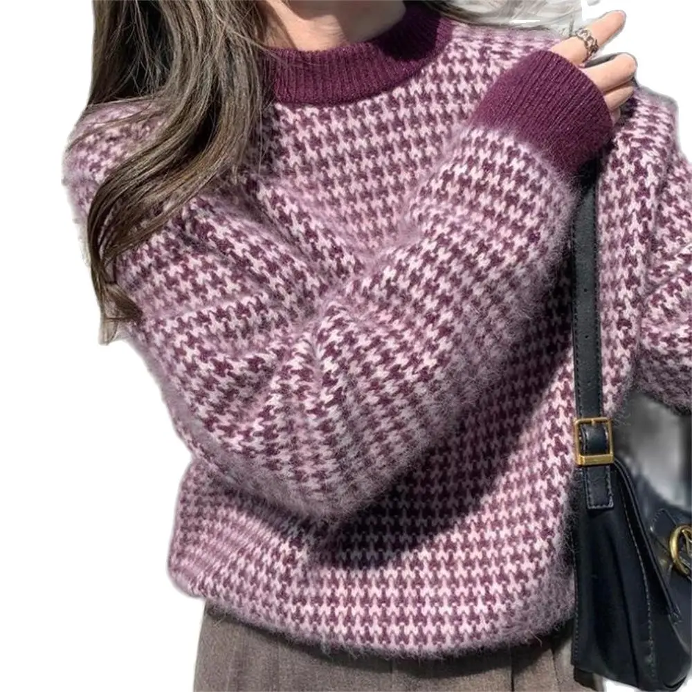 

Женская винтажная толстовка с рисунком «гусиные лапки», вязаные Джемперы, женские повседневные осенние свитера с рукавом «летучая мышь», шикарные топы