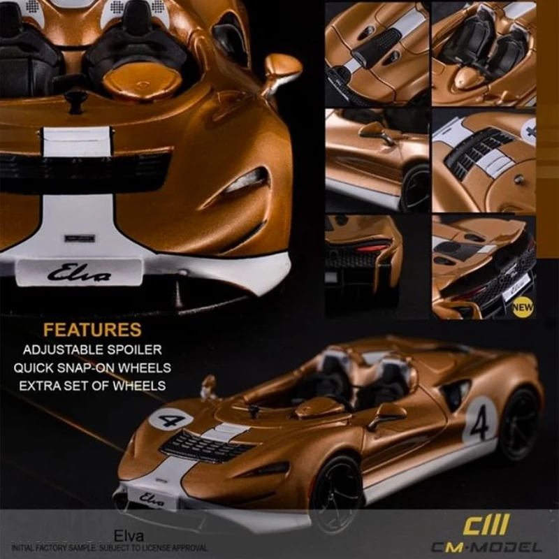 

См модель 1:64 модель автомобиля Elva с открытым верхом, хвост может двигаться вверх и вниз, включая другое Сменное колесо-золото