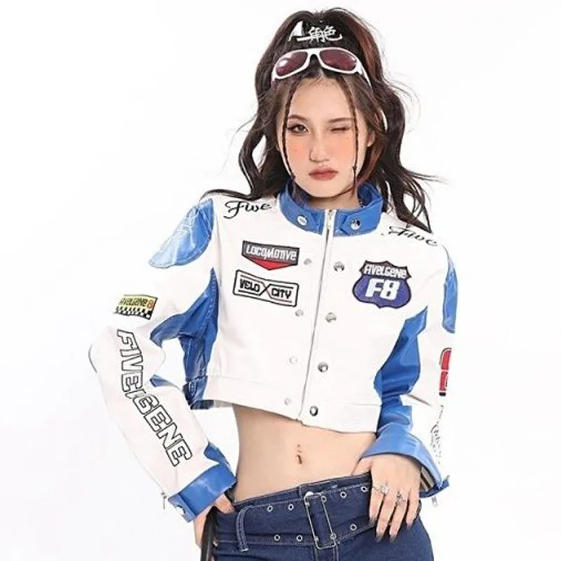 1pcs Womens PU Leather Short Baseball Jackets Coat 2022 Faux Fur Embroidery Splicing Zipper Ladies Skinny Locomotive Small Coats