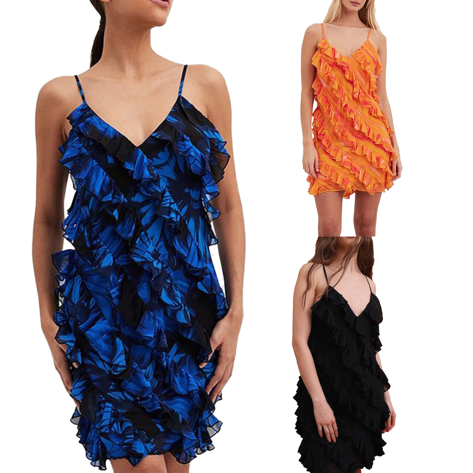 

Women Summer Ruffled Dress V Neck Spaghetti Strap Sleeveless Party Dress for Cocktail Beach Streetwear