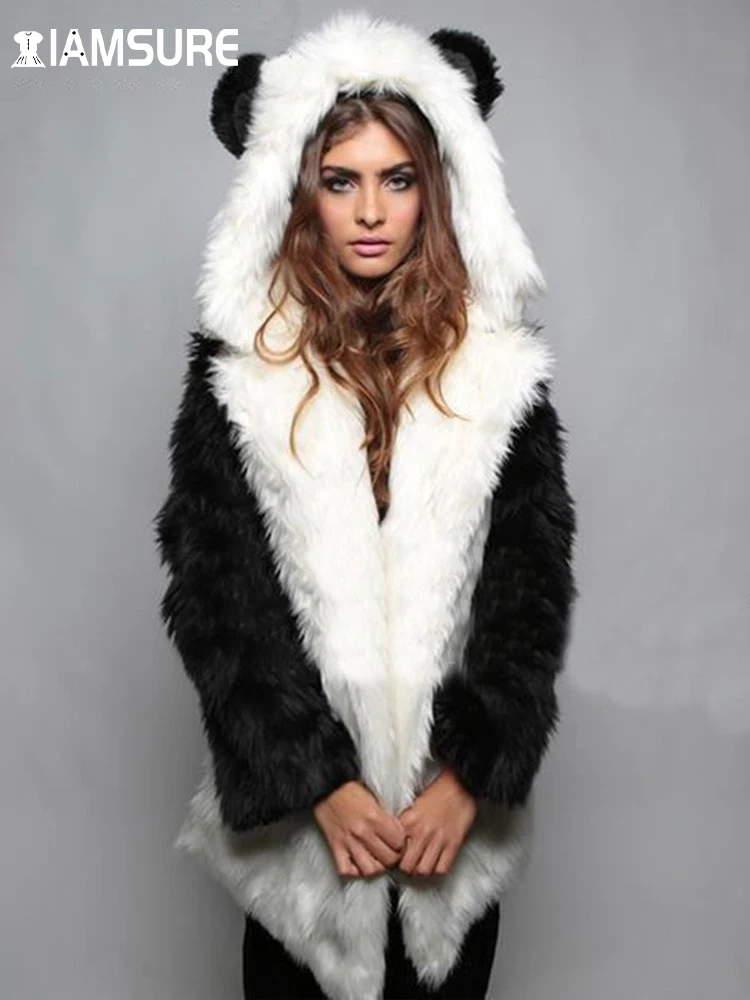 IAMSURE Warm Winter Clothes Outerwear Hooded Faux Fur Long Coats Women Cute Furry Long Sleeve Thicken Parka 2022 Fashion Ladies
