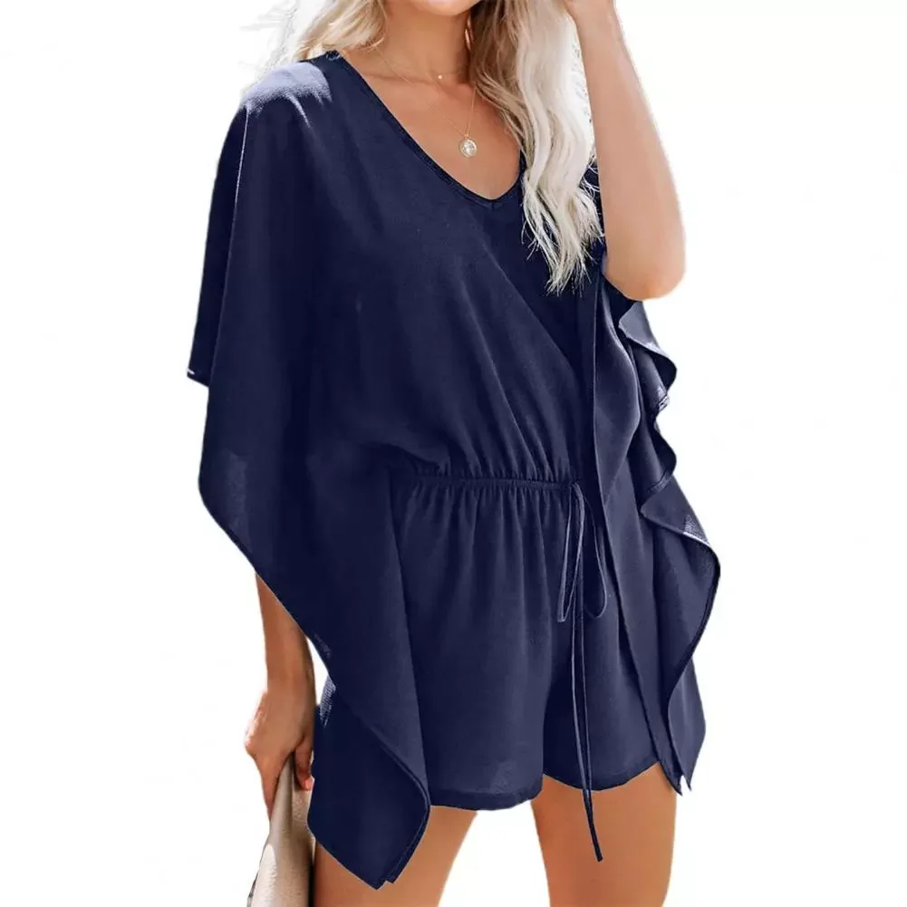 

Short Jumpsuit Solid Color Loose Romper Women V Neck High Waist Drawstring Short Sleeve Playsuit for Summer Casual Romper