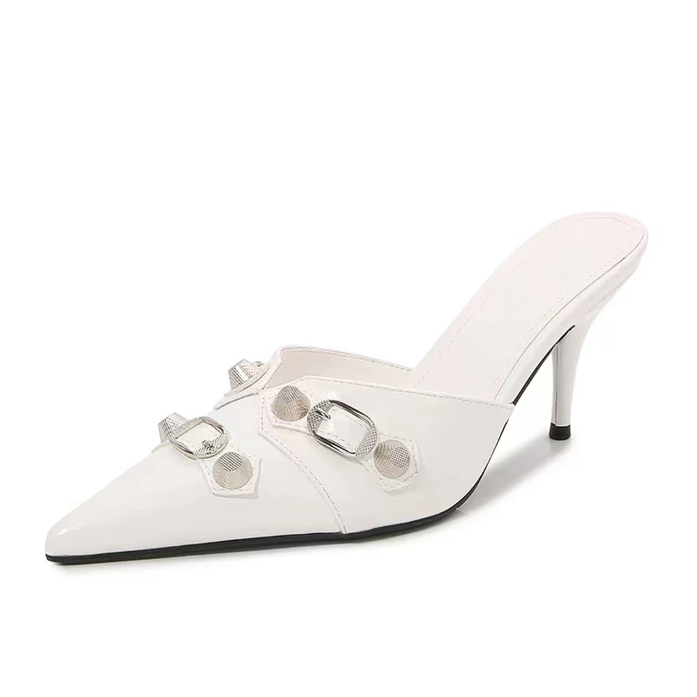 Women's Metal Decoration Rivet Pointed Toe Slippers Stiletto Walking Show Shoes Sandals Baotou Fashion Sexy Wedding Party Pumps