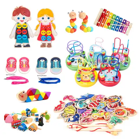 Игрушки Монтессори, деревянные шнурки, швейная пуговица, детская игра, головоломка для раннего развития мелкой моторики, игрушки для детей