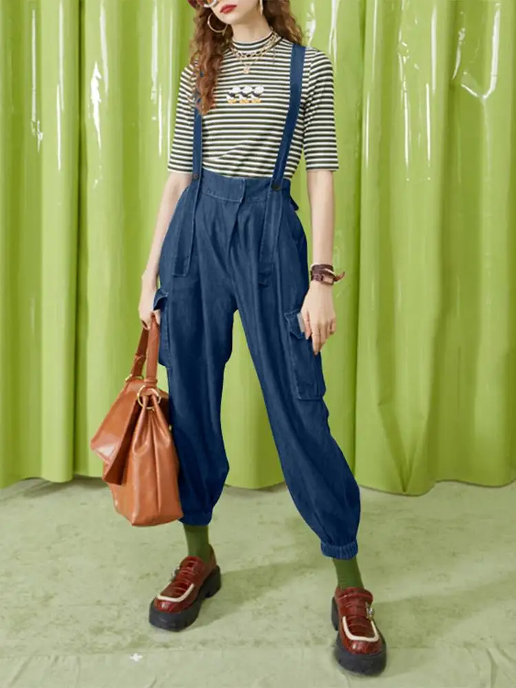 

ZANZEA Women Jumpsuits Denim Blue Overall ZANZEA Casual Solid High Waist Patchwork Pockets Playsuit Loose Cargo Romper Oversize