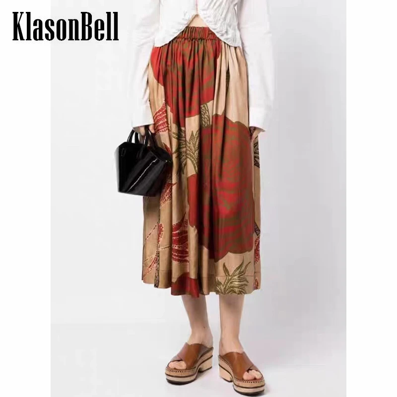 

6.21 KlasonBell Pattern Print Elastic High Waist Midi Skirt Women