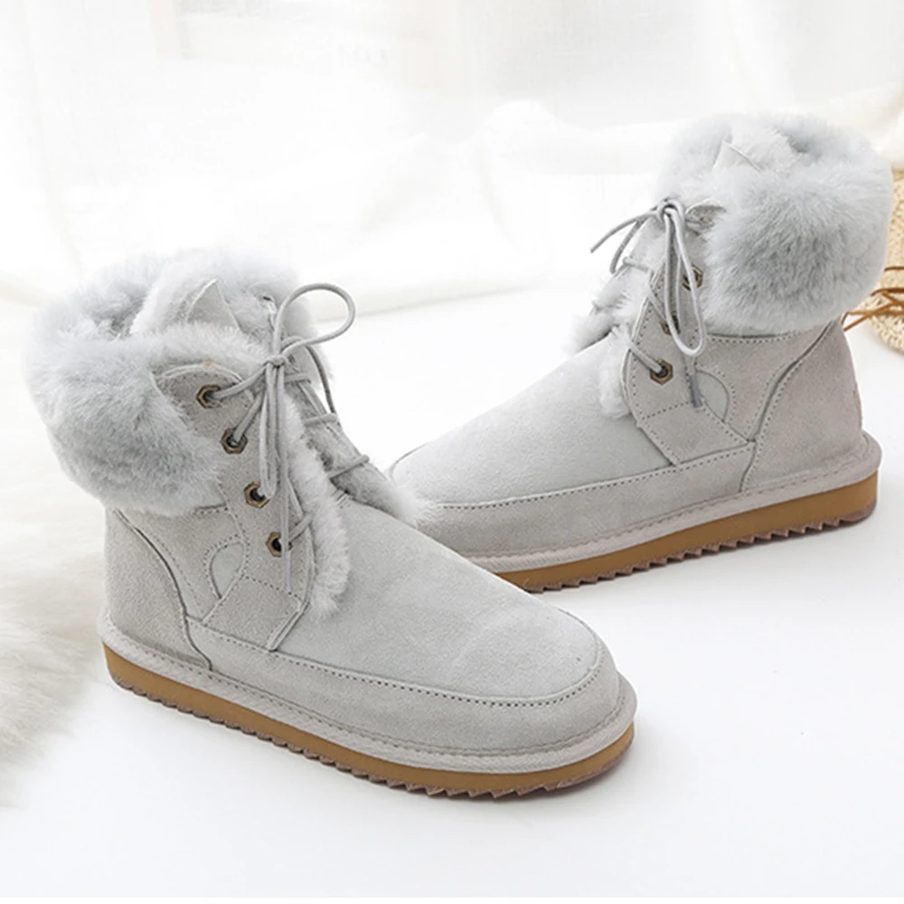 U-double Snow Boots Women Cow Suede Leather Lace Up Ankle Boots Warm Wool Ladies Winter Fur Shoes Handmade