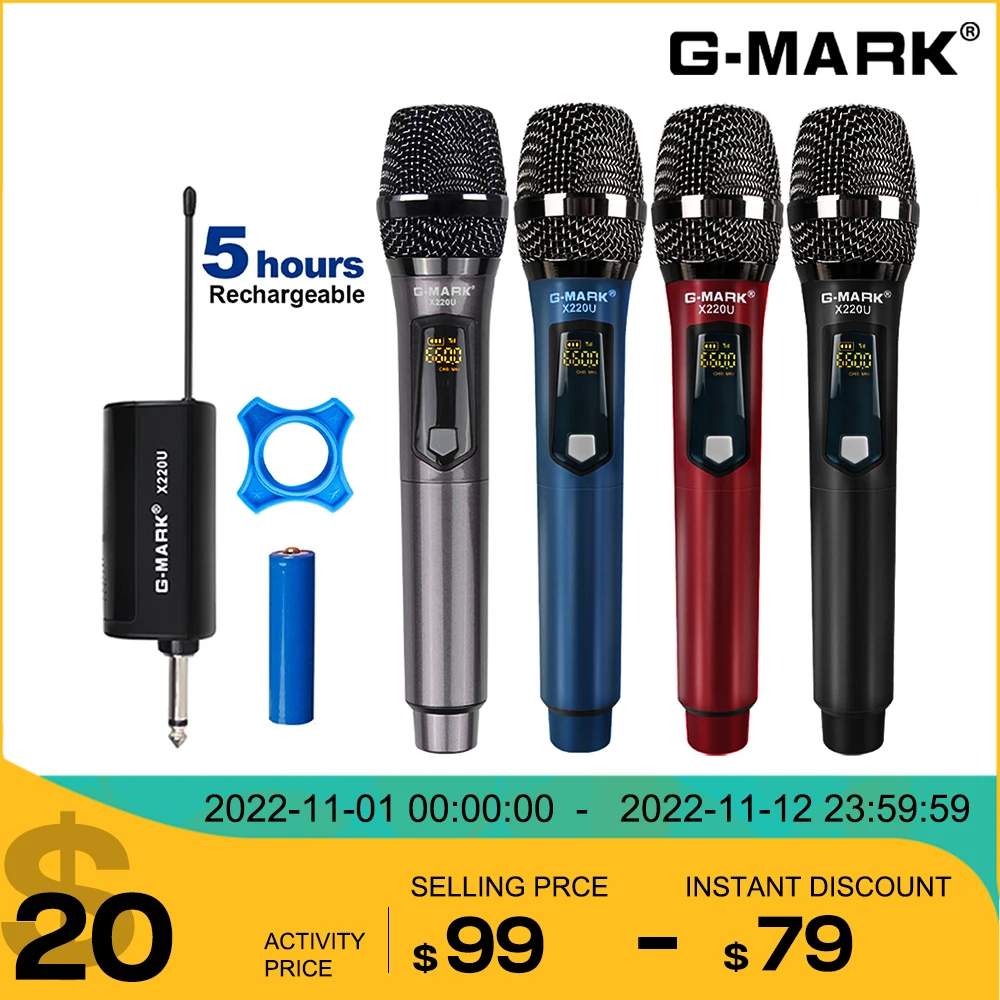 

Wireless Microphone G-MARK X220UNEW UHF Recording Karaoke Handheld with Rechargeable Lithium Battery for Stage Church Party