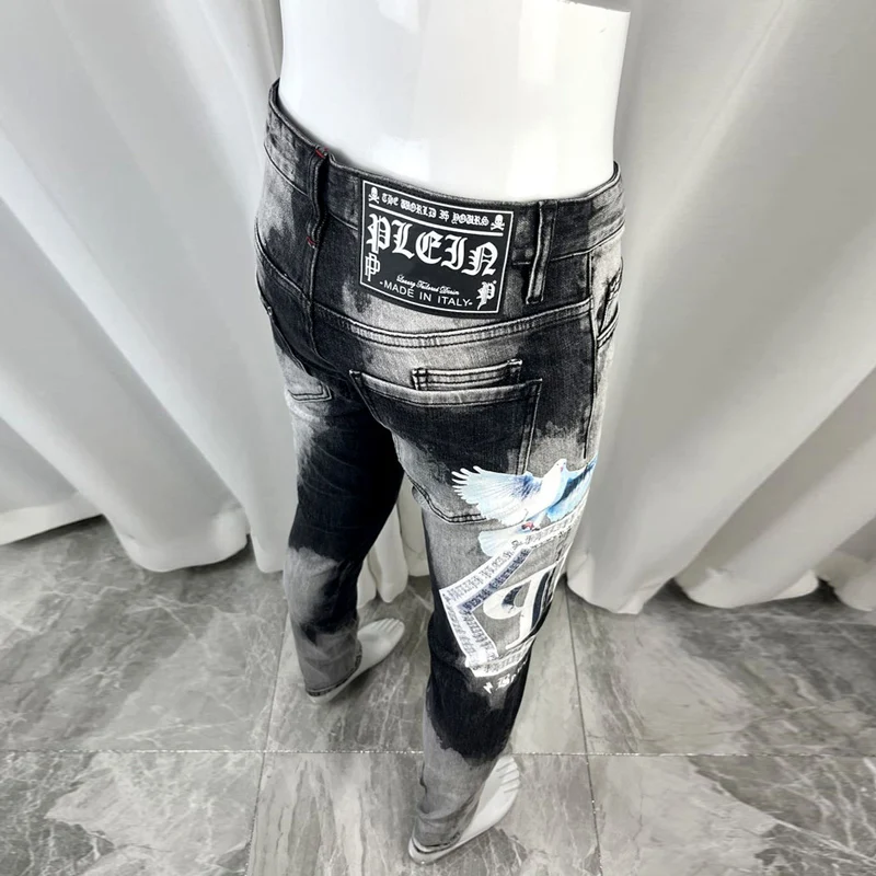 Street Fashion Men Jeans High Quality Retro Black Gray Elastic Slim Fit Printed Jeans Men Brand Designer Hip Hop Pants Hombre
