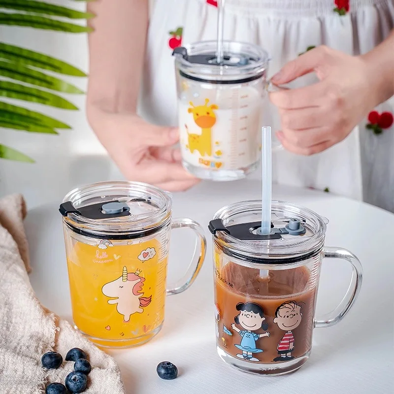

400ml Milk Cup with Cover Silicone straw Drinking Cup for Baby Cartoon Dinosaur Unicorn Water Bottle Heat-Resistant Two Handles