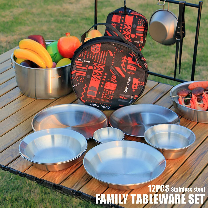 

Набор посуды из нержавеющей стали для отдыха на открытом воздухе, переносная посуда для кемпинга, барбекю, пикника, супа, раковины, набор из 12 предметов