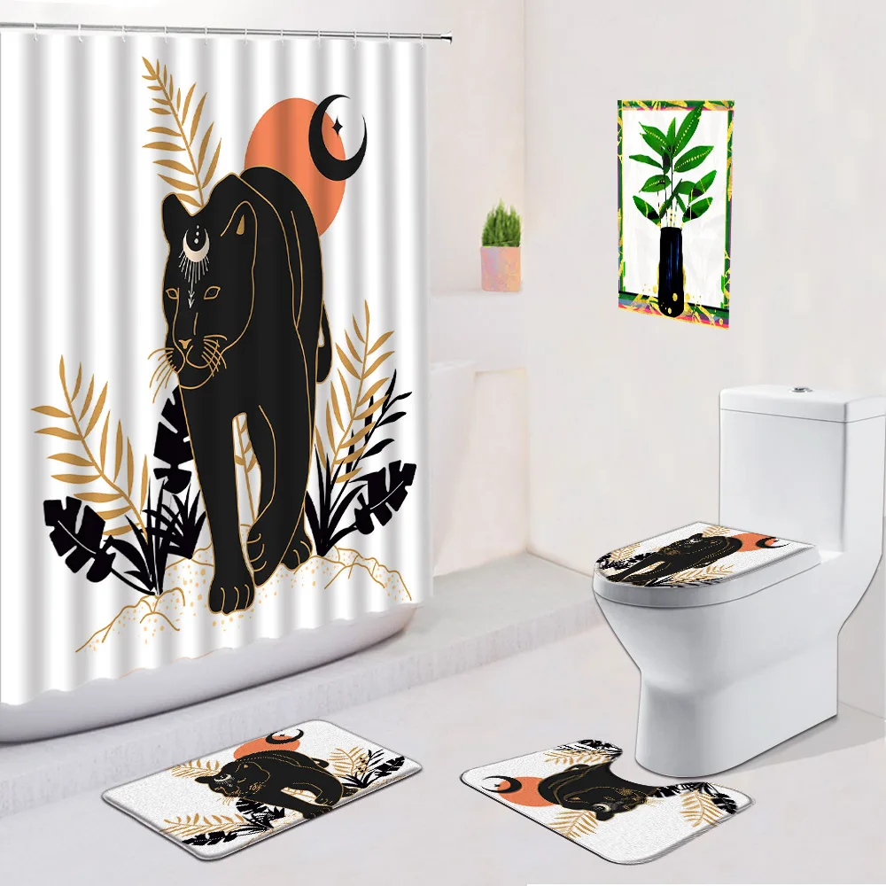 4pcs Giraffe Leopard Leaves Shower Curtain Bath Mat Set Wild Animal Palm Leaf Simple Anti Slip Foot Rug Bathroom Accessory Set images - 6