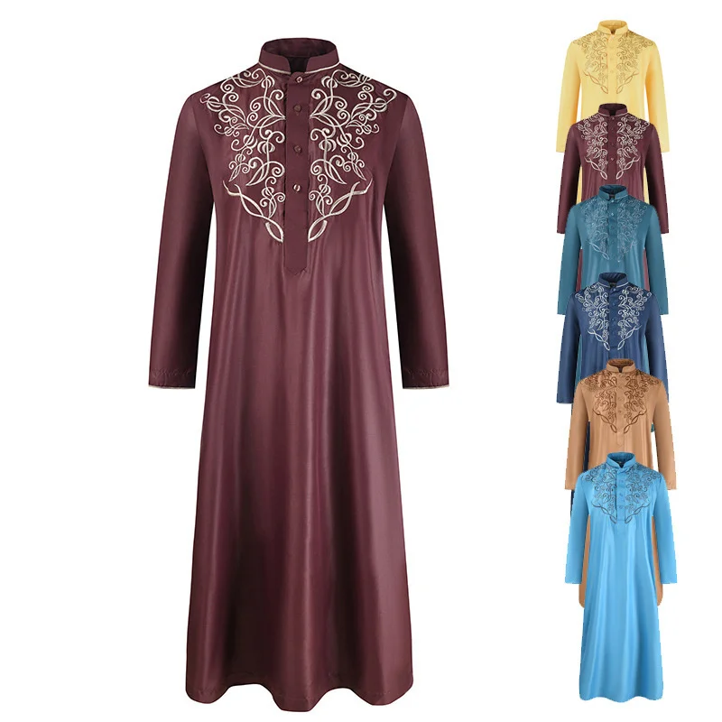 Abaya For Men Arabic Islamic Pakistan Men Robe Loose Spring And Summer New Solid Color Embroidery Muslim Long Sleeve Robe