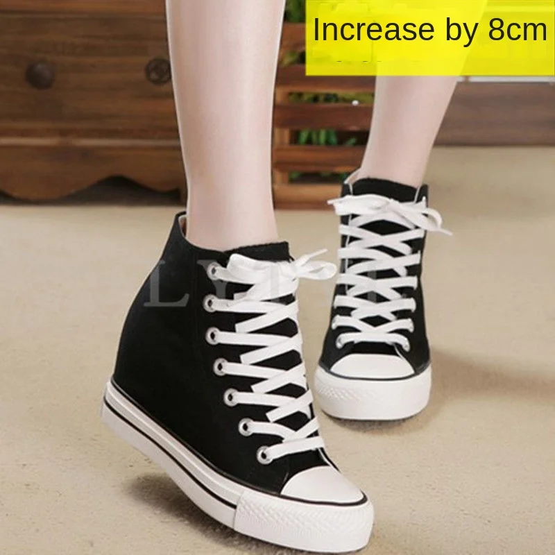 

Autumn Sneakers Invisible Inner Height 8cm Thick Bottom Women Canvas Female Student Casual New High Top Single Shoes B2-15