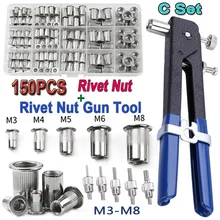 150PCS Rivet Nuts Kit M3/M4/M5/M6/M8 Rivet Nut Gun+5PCS Nut Rivet Mandrels Repairtool,rivetgun,flatheadscrew,threaded Insert