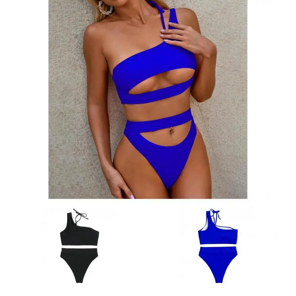 

One Shoulder 2 Pcs/Set Sexy Two-piece Swimwear Set Lightweight Women Swimsuit Wireless for Beach