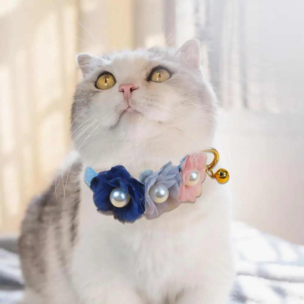 

Kitten Collar Wide Application Pet Neck Circle Net Yarn Flower Faux Pearls Decor Collar Pet Photography Prop