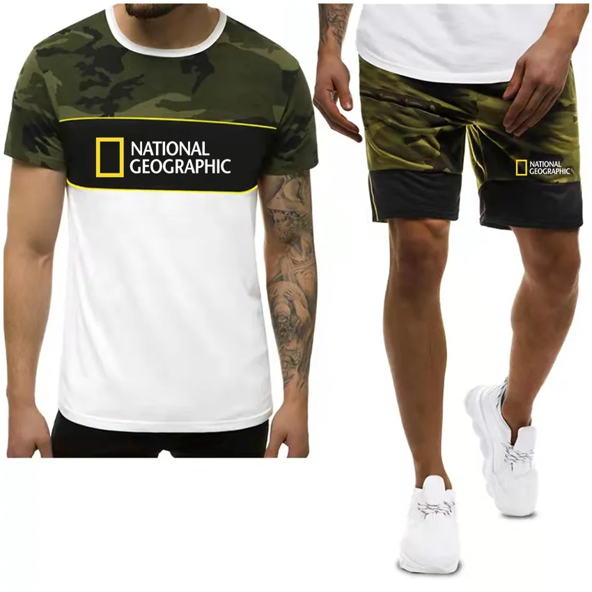 

Лето 2022, мужская спортивная одежда National Geographic, футболка и брюки из двух предметов, повседневный велосипедный костюм с короткими рукавами дл...