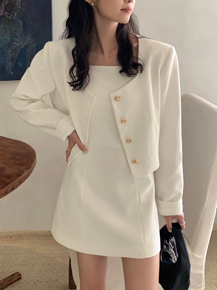 

New Vintage Women Dress Suit Casual Solid Cropped Blazer Coat Spaghetti Strap Vestidos Fashion Korean Female 2 Pieces Clothes