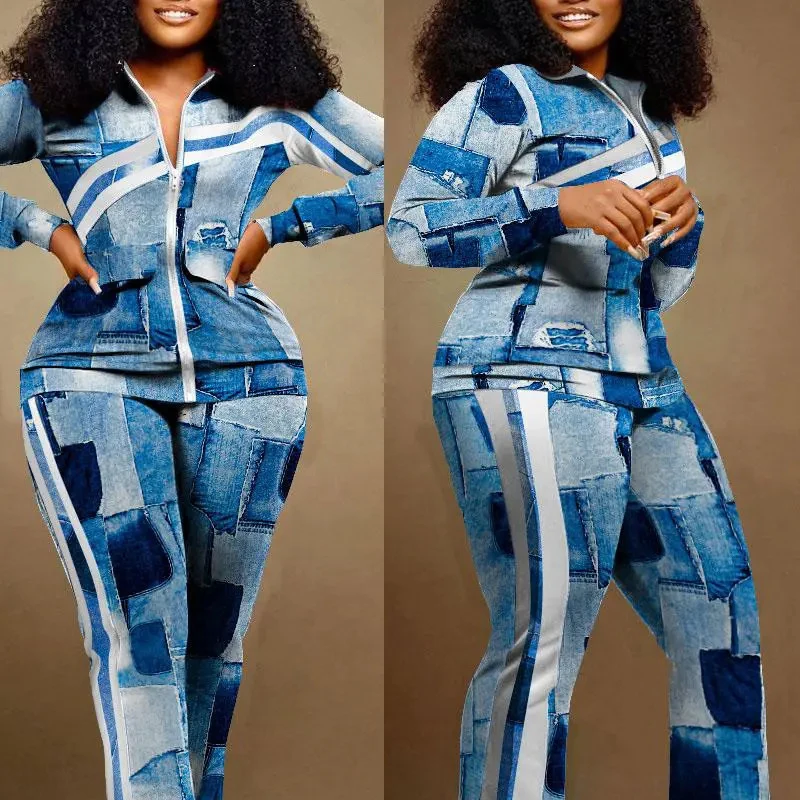 

Женский Повседневный офисный костюм, облегающий комплект из двух предметов, топ на молнии с длинным рукавом и принтом, весенняя одежда 2023