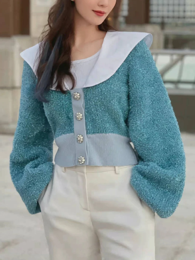 

2022 Spring New Blue Lapel Knitted Sweater Women Cardigan