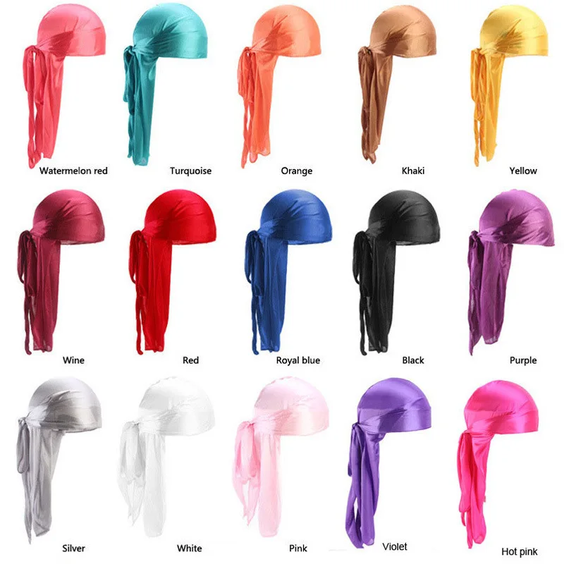 

18 Colors Durag for Men Long Silky Satin Bandana Women Long Tail Pirate Cap Curly Hair Wrap Hat Unisex Headwear Accessories