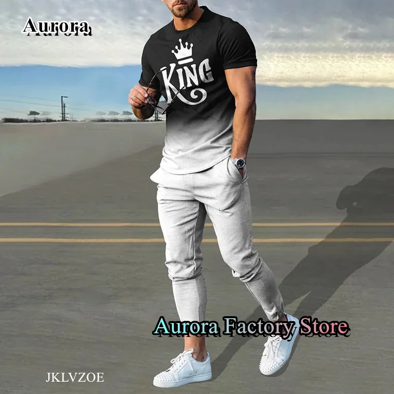 Summer Men K Printed Tracksuit King Pattern T-Shirt Trousers Set Casual Jogging Suit Fashion Outfit Male Oversized Streetwear