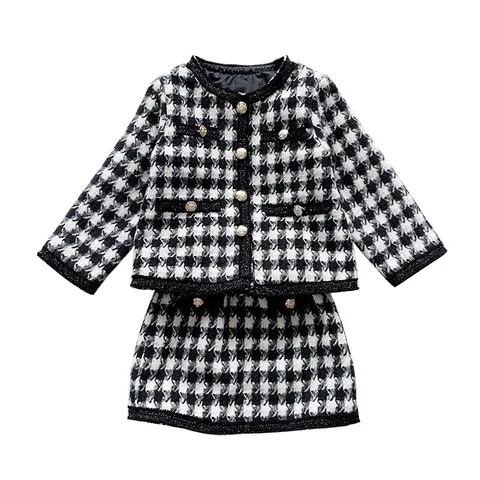 Твидовый клетчатый костюм для девочек, осенний Новый корейский модный клетчатый Элегантный Маленький очаровательный ветрозащитный пиджак + юбка, комплект из 2 предметов