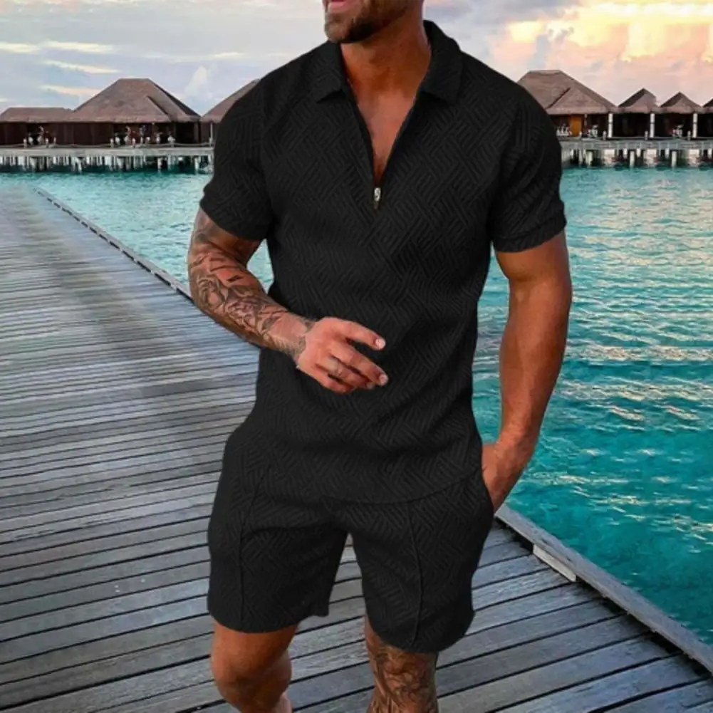 

1 Set Men Tracksuit Breathable Shirt Shorts Slim Turndown Collar Top Shorts