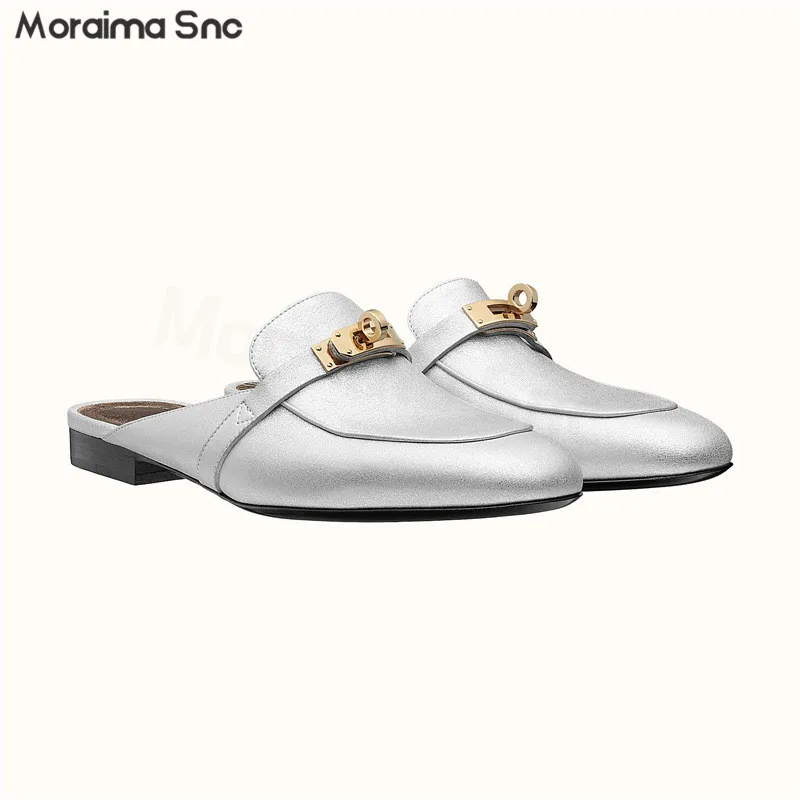 Metal Buckle Baotou Muller Slippers New Leather Low Heel Round Toe Backspace Slippers Casual Comfortable Fashion Women's Shoes
