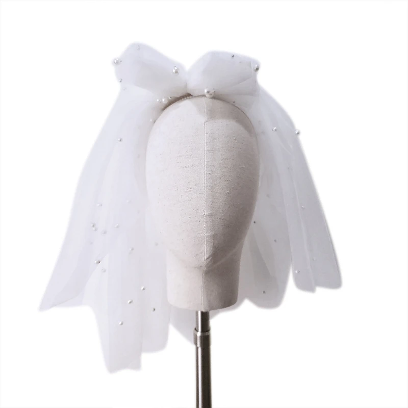 Фата свадебная двухслойная с расческой Тюлевая бантом и жемчужинами украшение