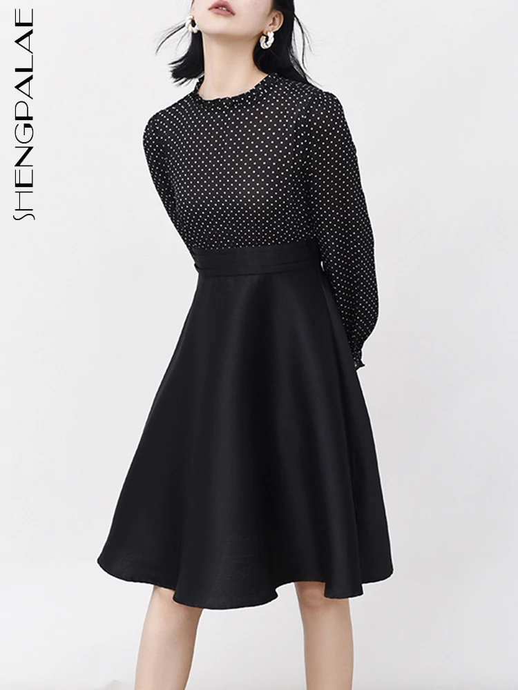 

SHENGPALAE Fashion Dot Dress For Women Ruffles Spliced O-neck Full Sleeve Elegance A-line Vestido Female Autumn 2023 New 5R5586