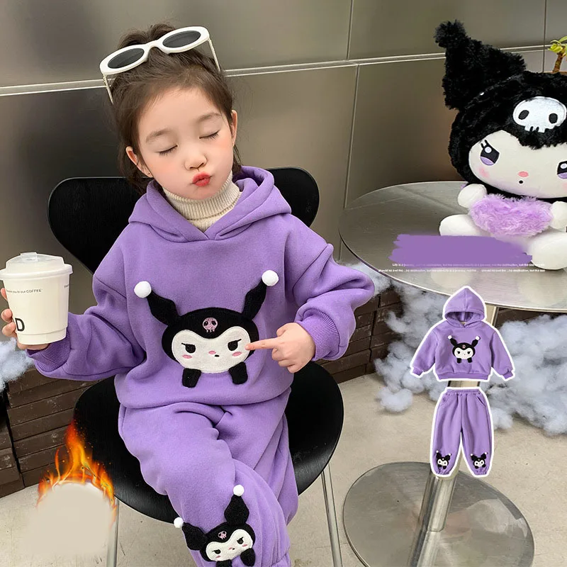 

Sanrio Children Kuromi Hooded Hoodie Suit Autumn Winter Two Piece Set Plus Velvet Anime Figure Sportswear Versatile Sweet Kawaii