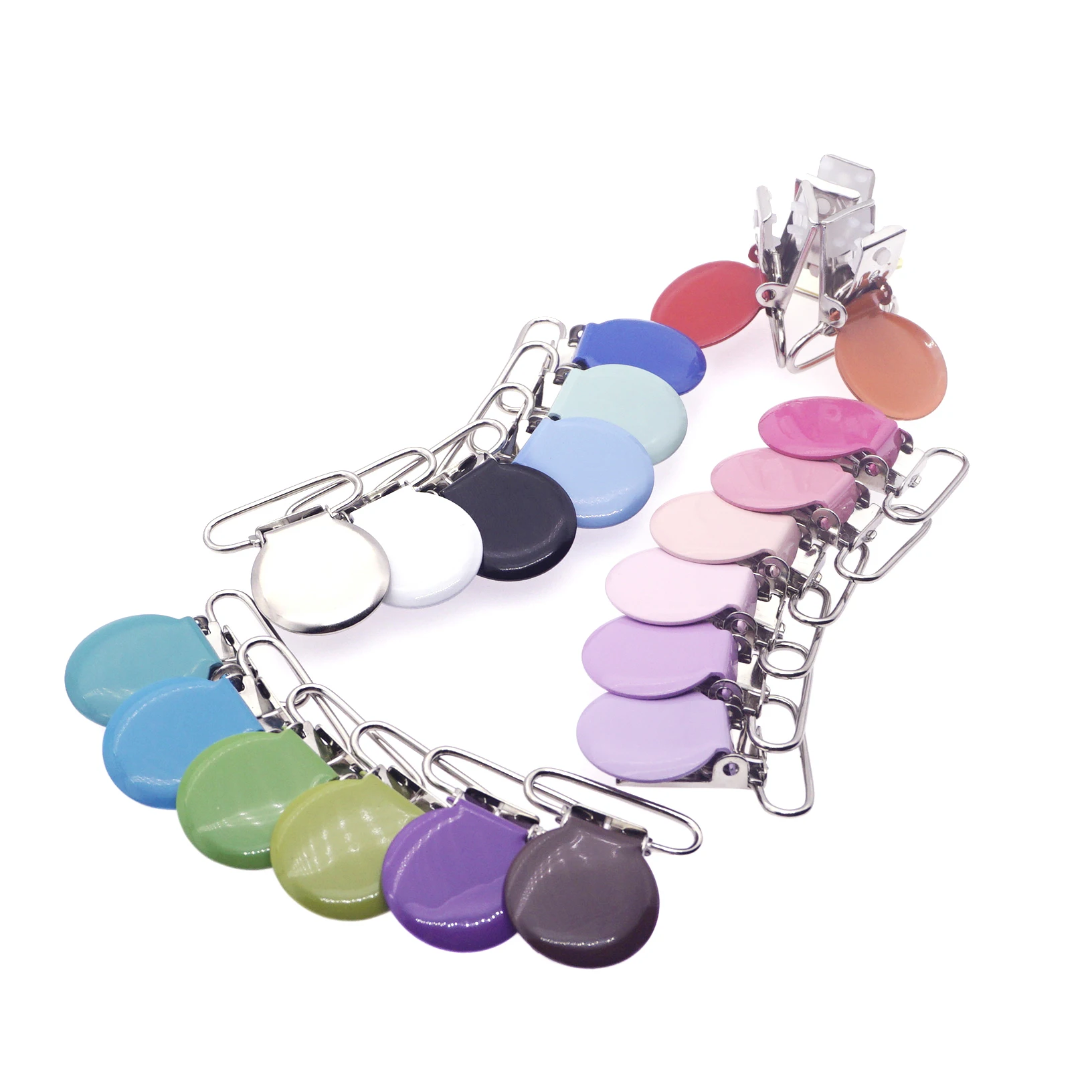 DHL 300pcs Sutoyuen 25MM Enamel Round Pacifier Clips Baby Nipple Dummy Suspender Holder Pacifier Chain Clip Lead Free 21 Colors