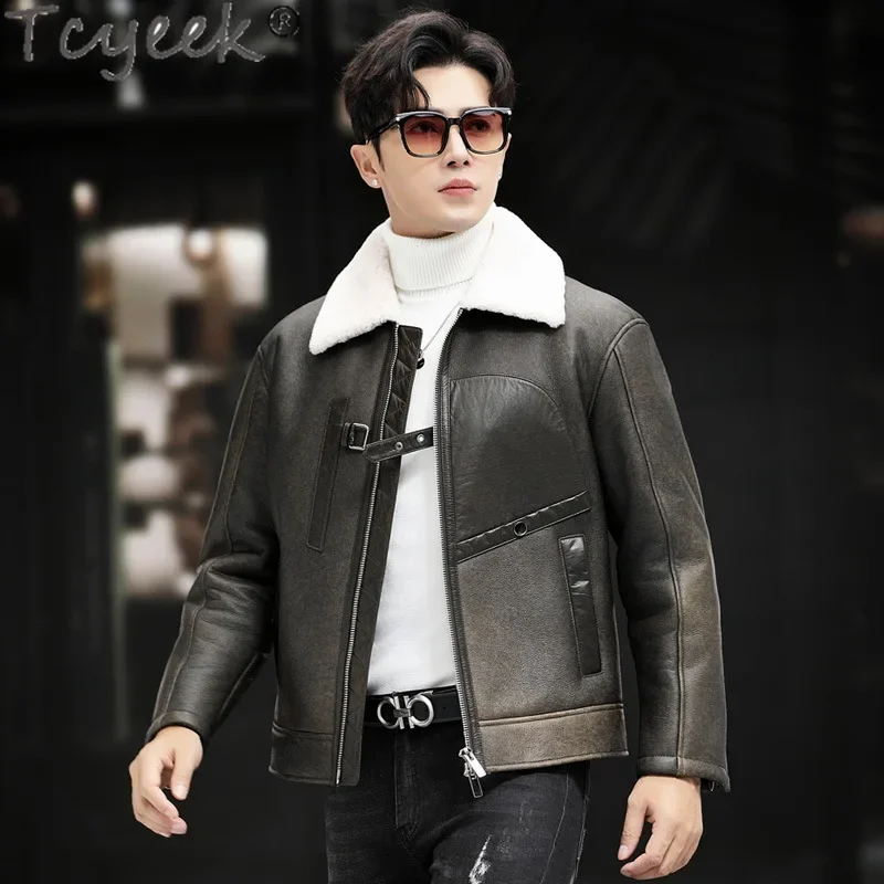 Tcyeek пальто из натурального овчины винтажная куртка натуральной кожи мужская