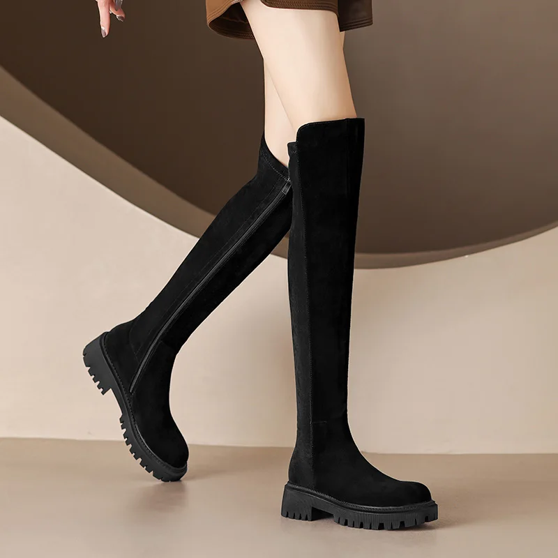 Женские ботфорты из бычьей замши высокие сапоги до бедра новинка осень-зима