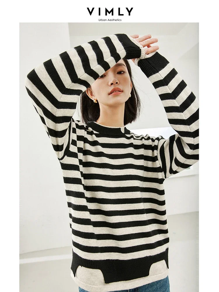 

Vimly Fake 2 Piece Contrast Stripe Knitted Sweater Woman O-neck Pullover Long Sleeve Top 2023 Autumn Casual Knitwear Women 16216