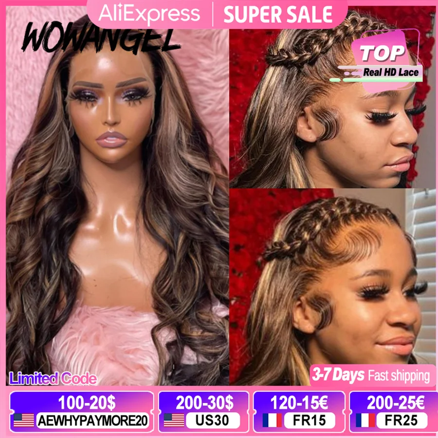 Wow Angel 250% 13x4 HD Lace Frontal Wigs Body Wave Highlight Wig Pre Plucked Melt Skin Full Lace Frontal Wig HD Lace Closure Wig
