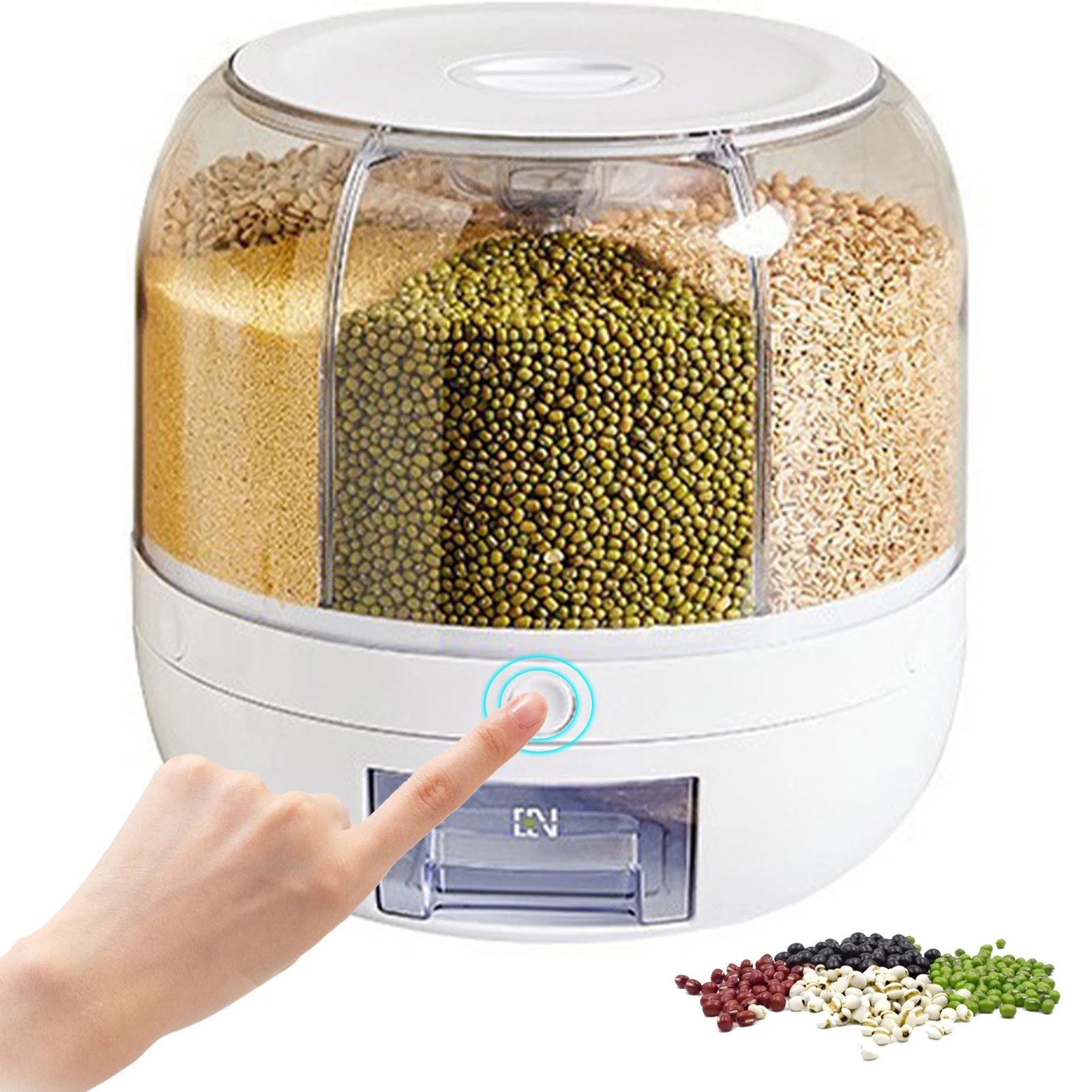 

Home Kitchen Rice Food Dispenser Sealed Storage Box With Lid 360 Rotating 6 Grid Bucket Cereal Dry Fruit Round Beans Grain