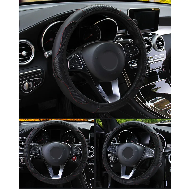 

38CM Car Carbon Fiber Steering Wheel Cover Skidproof Auto Steering- Wheel Cover Anti-Slip Embossing Leather Car-styling