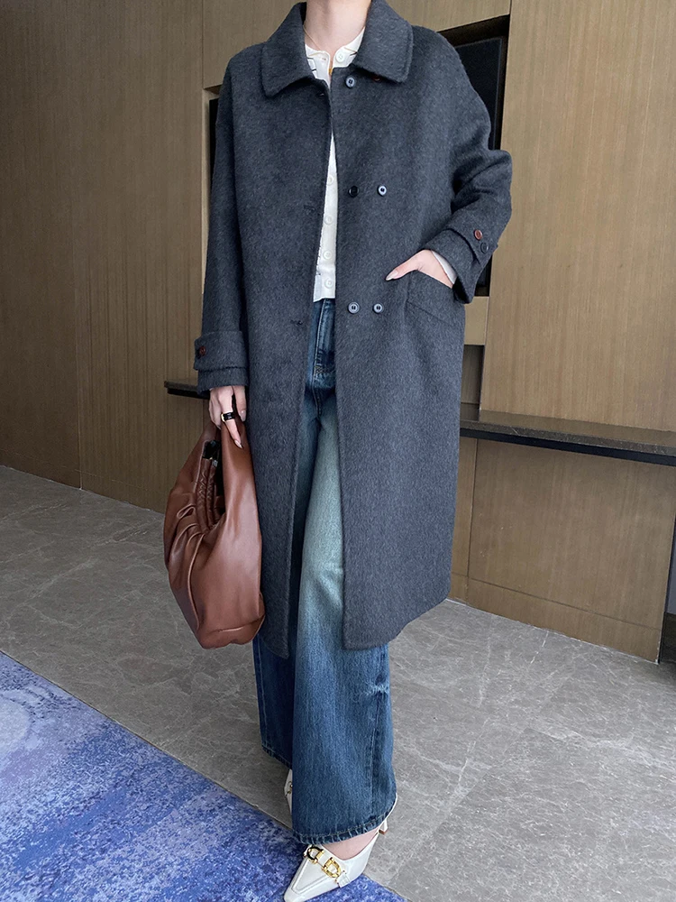 [EAM] 48% шерсть красное длинное теплое шерстяное пальто большого размера новая