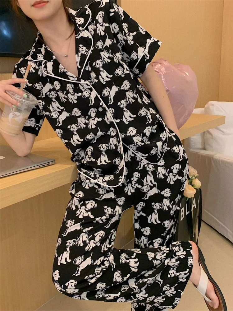 E GIRLS  Women Dog Print Pajama Set Female 2022 New Summer Loose Comfortable Short-sleeved Shorts Home Clothes Two-piece Set