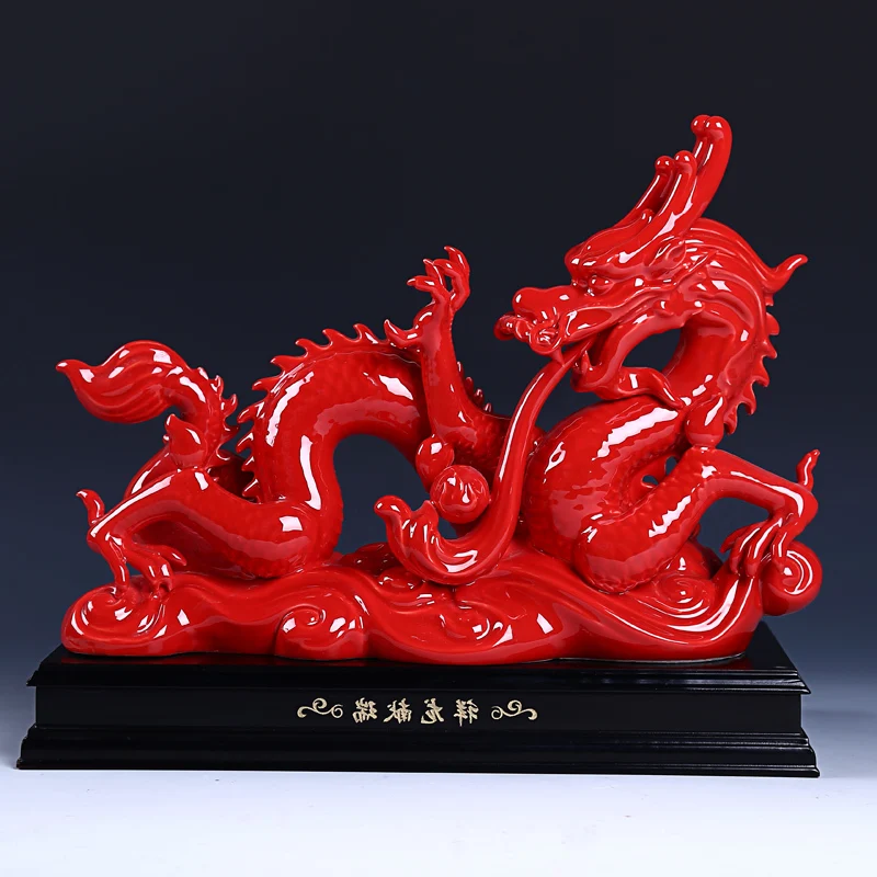 

Ceramic Dehua dragon ornaments Fengshui Zhaocai Gold Plated Red Dragon Zhuozhu zhenzhai handicraft home living room study furnis