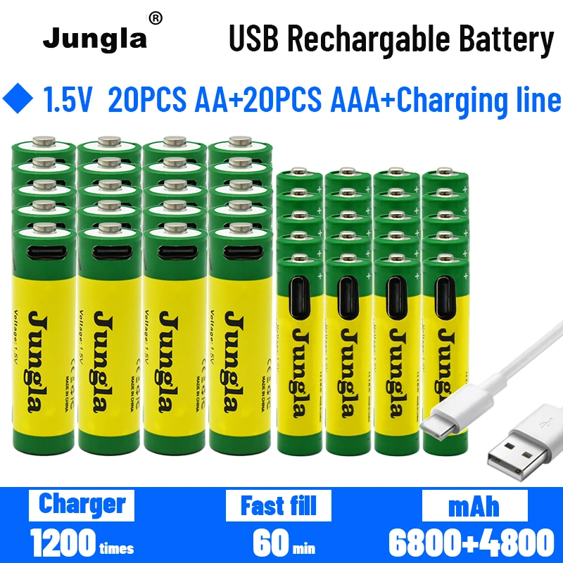 

2021 AA + AAA large capacity 6.8/4.8Ah rechargeable lithium ion battery 1.5V USB fast charging lithium ion battery+Charging line