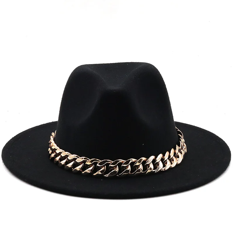 

New Fedora Hat For Women Wool Wide Brim Thick Gold Chain Men Vintage Church Jazz Party Top Caps Panama Luxury Ladies Felt Hats