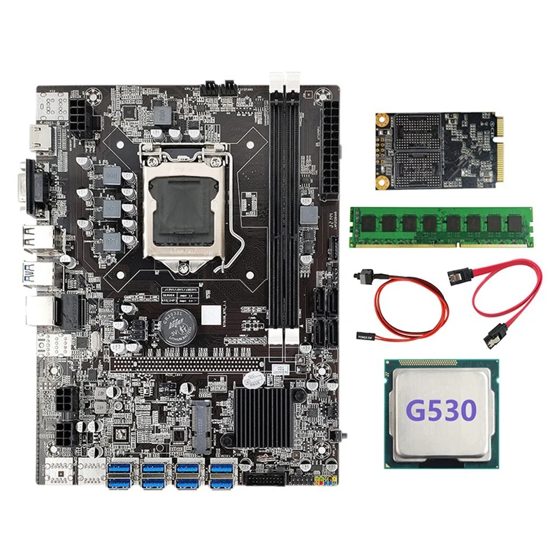 

B75 BTC Mining Motherboard+G530 CPU+SATA Cable+Switch Cable+MSATA SSD 128G+DDR3 4GB 1600Mhz RAM LGA1155 8XPCIE USB Miner