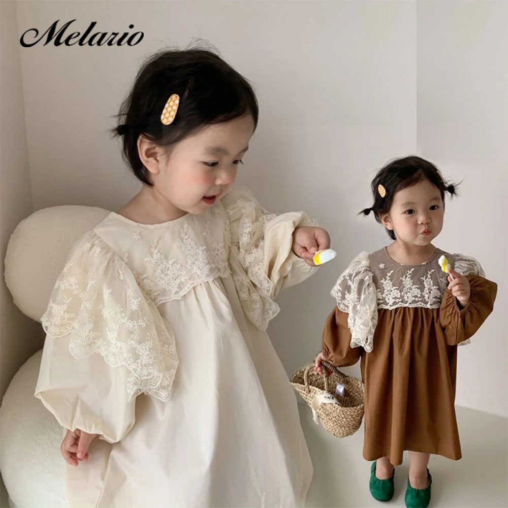 

Melario Girls' Dress 2023 Spring Autumn New Girls' Round Neck Lace Patch Princess Dress Children's Fashion Long Sleeve Dress