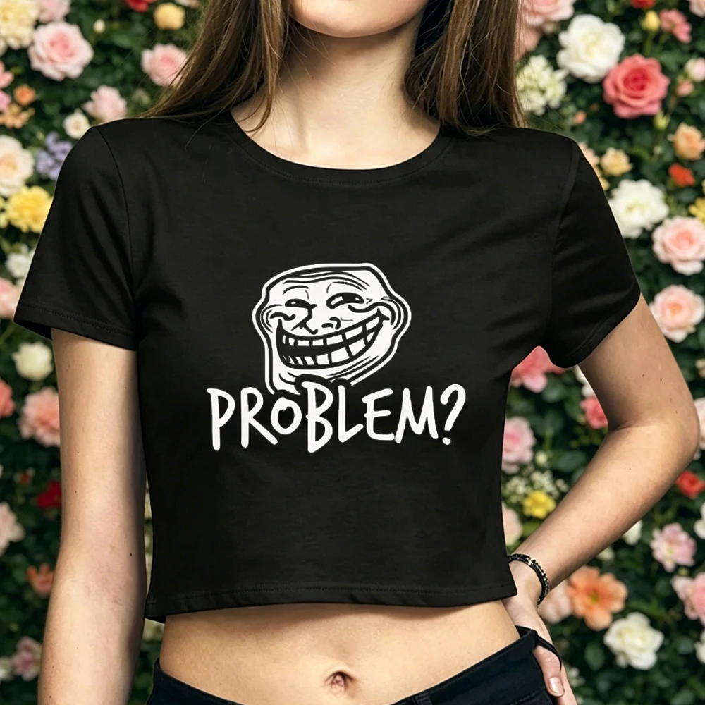 Фото Кроп-топ Trollface для девушек, мем-готика, дерзкий стиль, кавайный милый топ, летние футболки, Y2K, японский стиль. №1