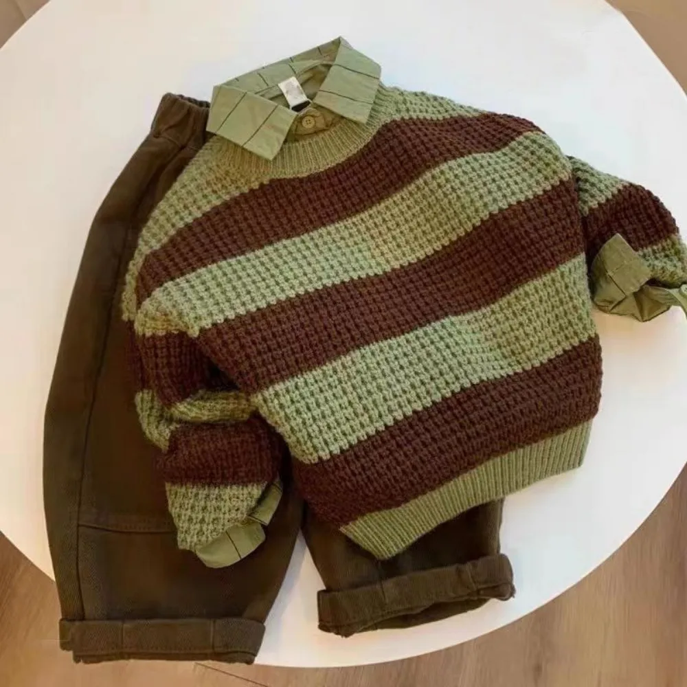 Детский Комплект из трех предметов свитер с круглым вырезом и брюки в полоску